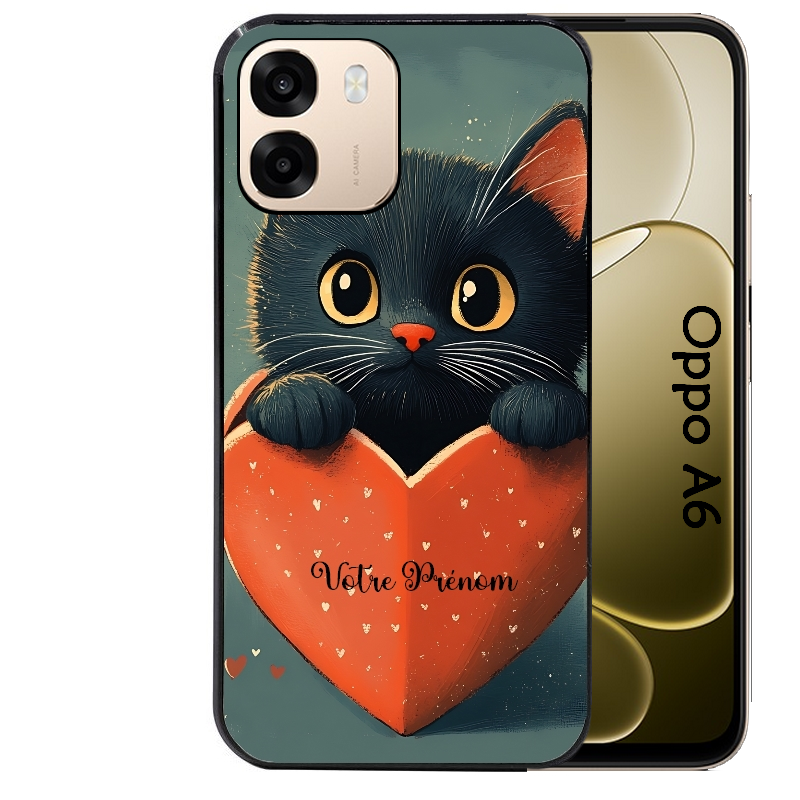 Coque noire taperso pour OPPO A6 A6X 4G et 5G avec motif chat et coeur avec prenom protection antichoc personnalisée
