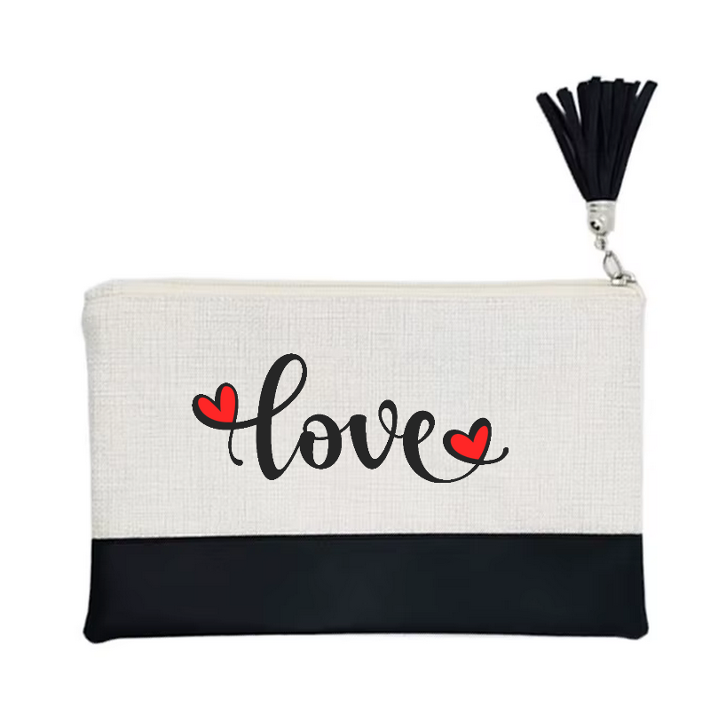 Pochette motif love double cœur en toile et simili cuir