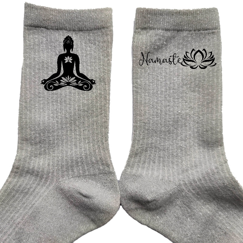 Chaussettes paillettes argent motif bouddha namaste