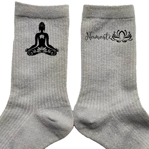 Chaussettes paillettes argent motif bouddha namaste