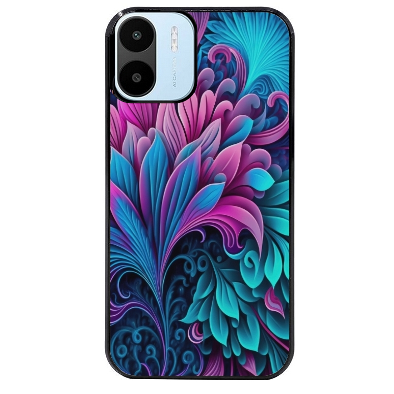 Coque noire taperso pour Redmi A1 et A2 avec motif tropical violet et des fleurs protection antichoc personnalisée