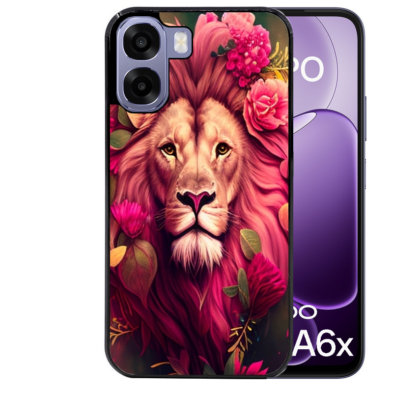 Coque noire taperso pour OPPO A6 A6X 4G et 5G avec motif lion et fleurs rose protection antichoc personnalisée