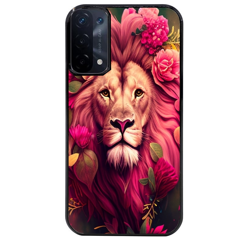 Coque noire taperso pour OPPO A54 et A74 5G avec motif lion et fleurs rose protection antichoc personnalisée