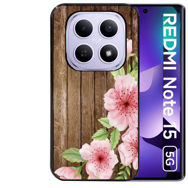 Coque noire taperso pour Redmi Note 15 et PRO PLUS 4G 5G avec motif bois avec fleur rose protection antichoc personnalisée