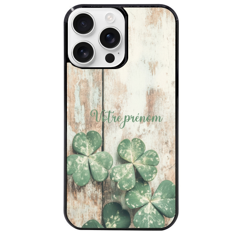 Coque noire taperso pour Iphone 16 16E PLUS MAX PRO avec motif bois et trefle personnalisee protection antichoc personnalisée