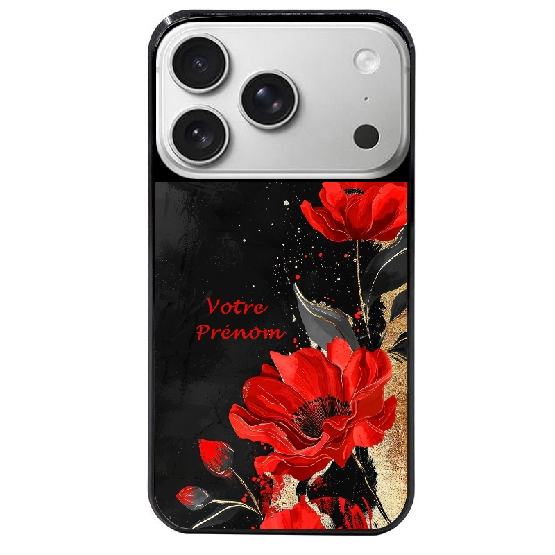 Coque noire taperso pour Iphone 17 17E AIR MAX PRO avec motif fleur rouge avec prenom protection antichoc personnalisée