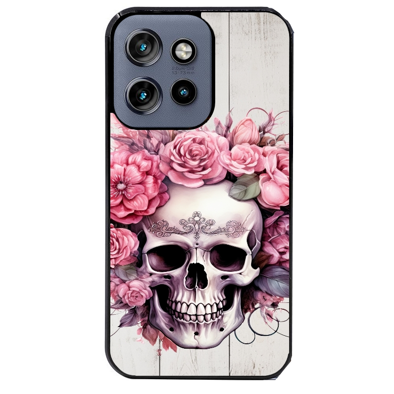 Coque noire taperso pour Moto Edge 60 et Neo Fusion Pro avec motif tete de mort floral protection antichoc personnalisée