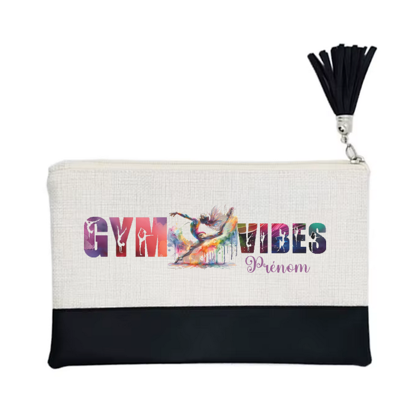 Pochette personnalisée de maquillage maniques Taperso argent avec motif gym vibes en toile et simili cuir personnalisée