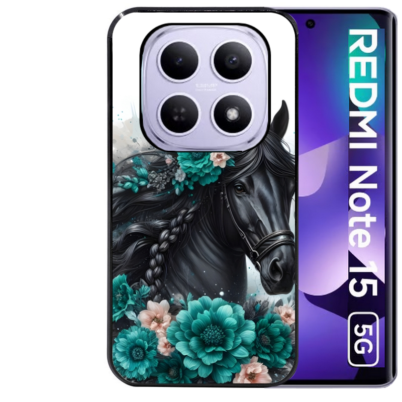 Coque noire taperso pour Redmi Note 15 et PRO PLUS 4G 5G avec motif cheval et fleurs personnalisee protection antichoc personnalisée