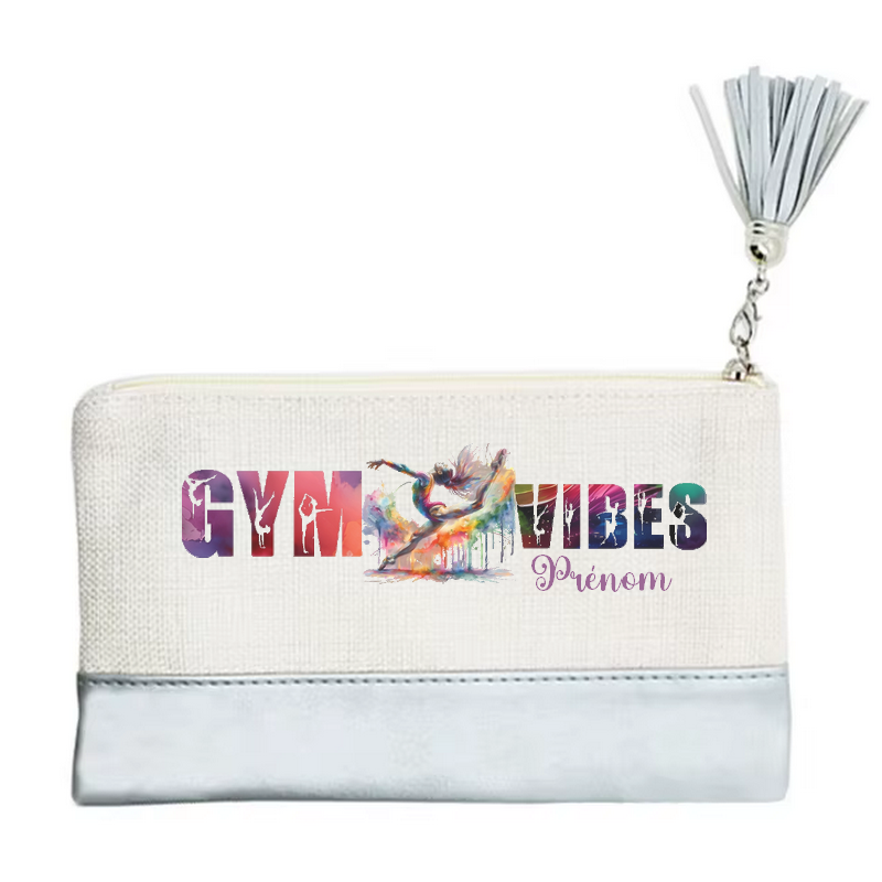 Pochette personnalisée de maquillage maniques Taperso argent avec motif gym vibes en toile et simili cuir personnalisée