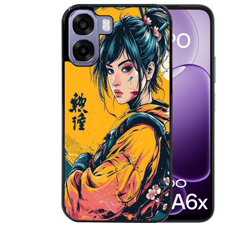 Coque noire taperso pour OPPO A6 A6X 4G et 5G avec motif samourai girl anime protection antichoc personnalisée
