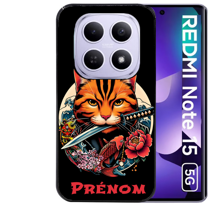 Coque noire taperso pour Redmi Note 15 et PRO PLUS 4G 5G avec motif chat carpe koii japan personnalise protection antichoc personnalisée