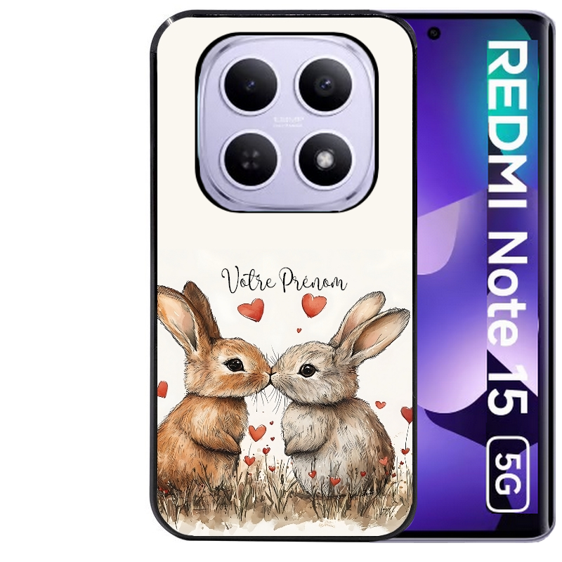 Coque noire taperso pour Redmi Note 15 et PRO PLUS 4G 5G avec motif lapin coeur avec prenom protection antichoc personnalisée