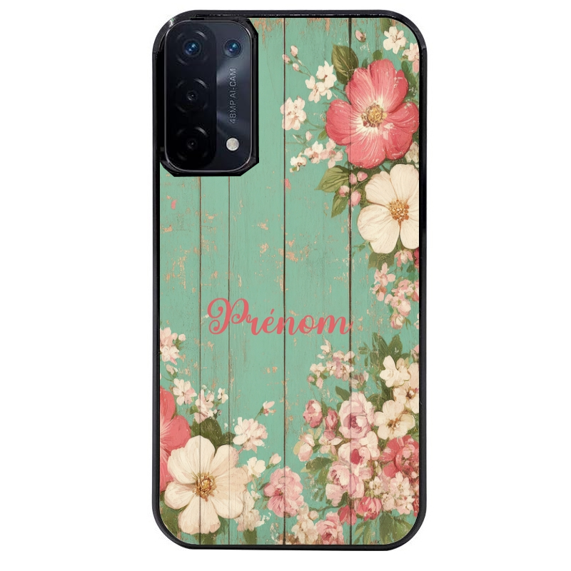 Coque noire taperso pour OPPO A54 et A74 5G avec motif bois et fleur avec votre prenom protection antichoc personnalisée