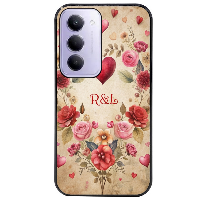 Coque noire taperso pour Redmi 15 4G et 5G avec motif coeur vintage et initiales personnalisee protection antichoc personnalisée