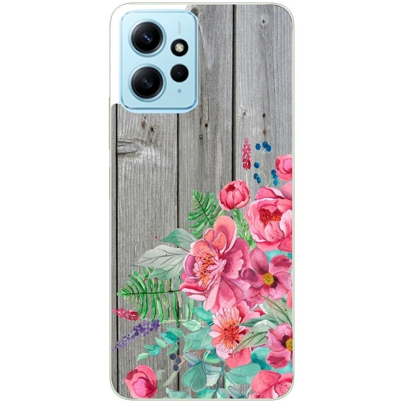 Coque taperso pour Redmi Note 12 4G 5G PRO 4G avec motif bois gris et fleur rose protection antichoc personnalisée