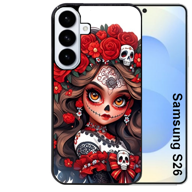 Coque noire taperso pour galaxy S26 et PLUS ULTRA FE avec motif tete de mort calavera rouge protection antichoc personnalisée