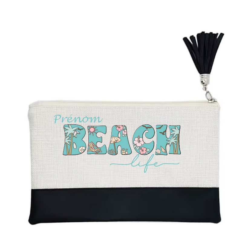 Pochette personnalisée motif plage fleur en toile et simili cuir personnalisée