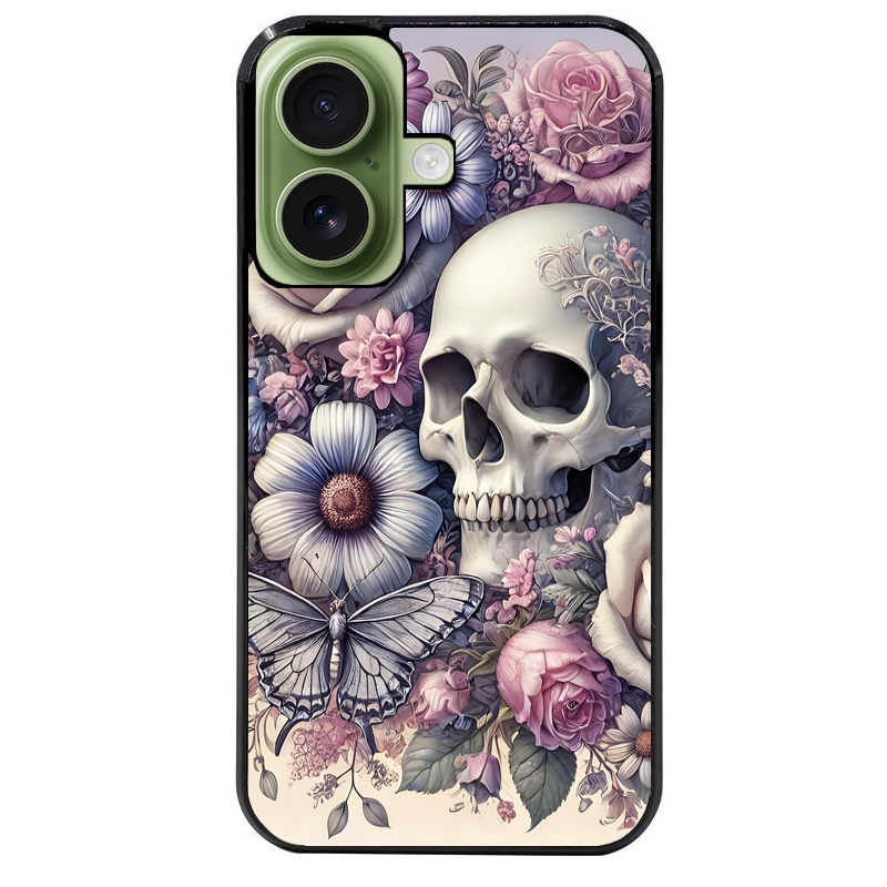 Coque noire taperso pour Iphone 16 16E PLUS MAX PRO avec motif tete de mort pastel protection antichoc personnalisée