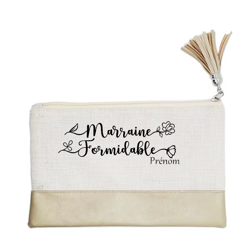 Pochette personnalisée motif marraine formidable en toile et simili cuir personnalisée