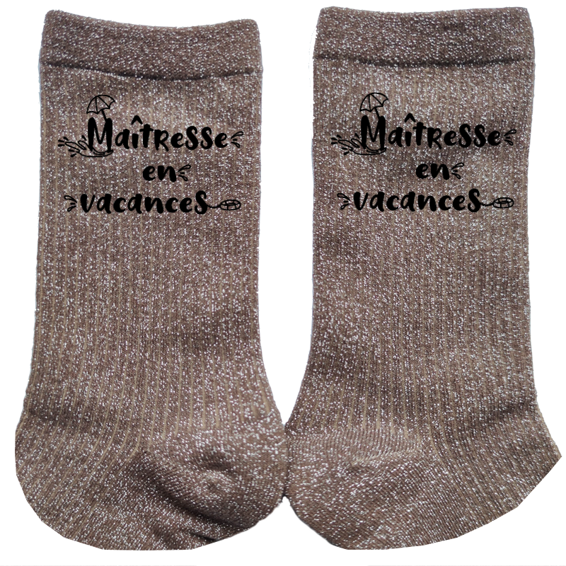 Chaussettes paillettes bronze motif maîtresse en vacances