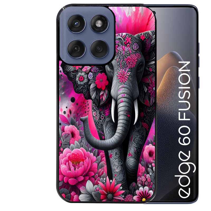 Coque noire taperso pour Moto Edge 60 et Neo Fusion Pro avec motif elephant et fleurs protection antichoc personnalisée