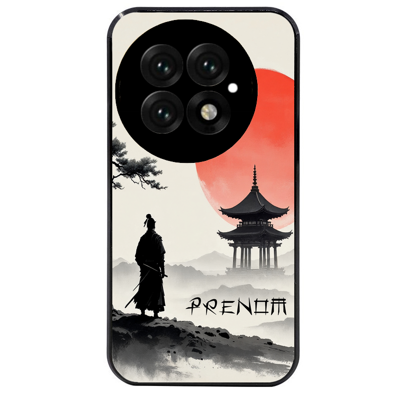 Coque noire taperso pour OnePlus 13 avec motif samourai et temple personnalisee protection antichoc personnalisée
