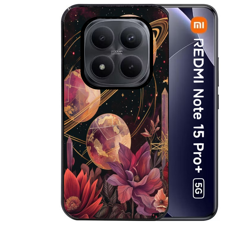 Coque noire taperso pour Redmi Note 15 et PRO PLUS 4G 5G avec motif astro et fleurs protection antichoc personnalisée