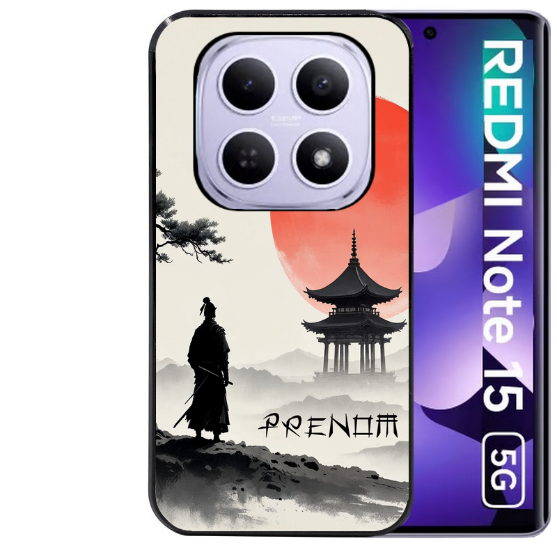 Coque noire taperso pour Redmi Note 15 et PRO PLUS 4G 5G avec motif samourai et temple personnalisee protection antichoc personnalisée