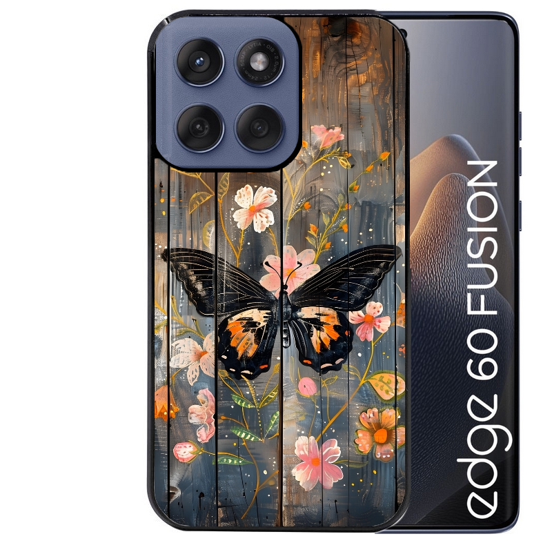 Coque noire taperso pour Moto Edge 60 et Neo Fusion Pro avec motif bois et papillon 2 protection antichoc personnalisée