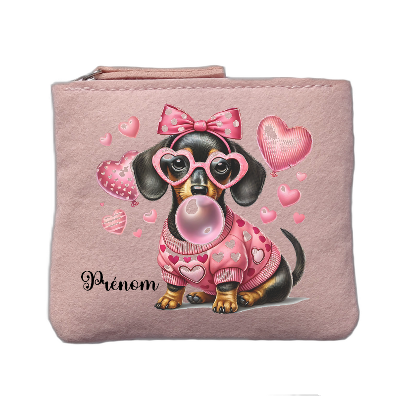Porte monnaie personnalisé motif chien coeur rose clair en feutrine en feutrine