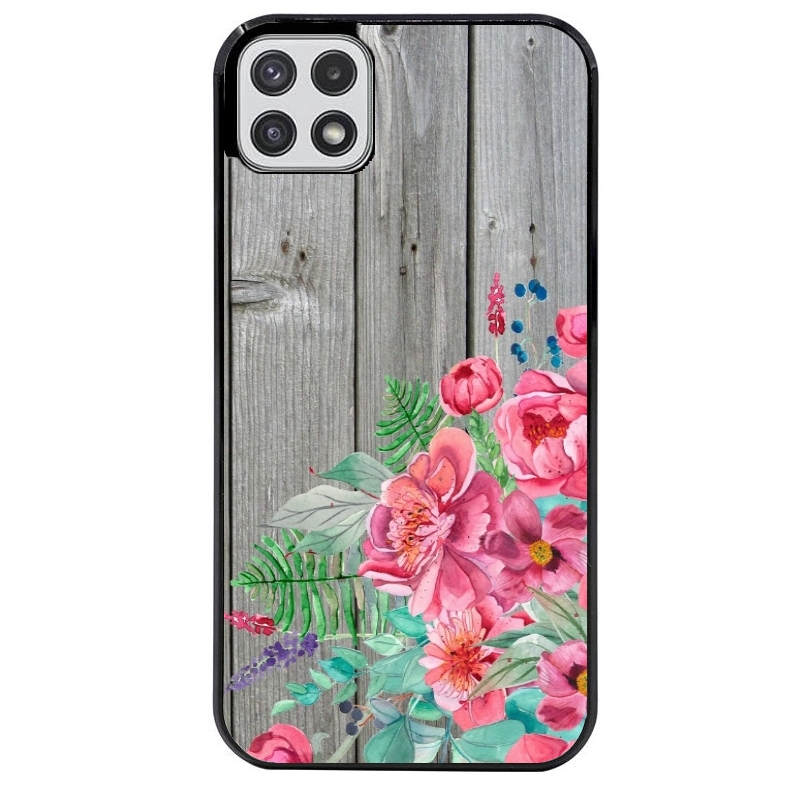 Coque noire taperso pour galaxy A22 A32 A52 A52S 4G 5G  avec motif bois gris et fleur rose protection antichoc personnalisée