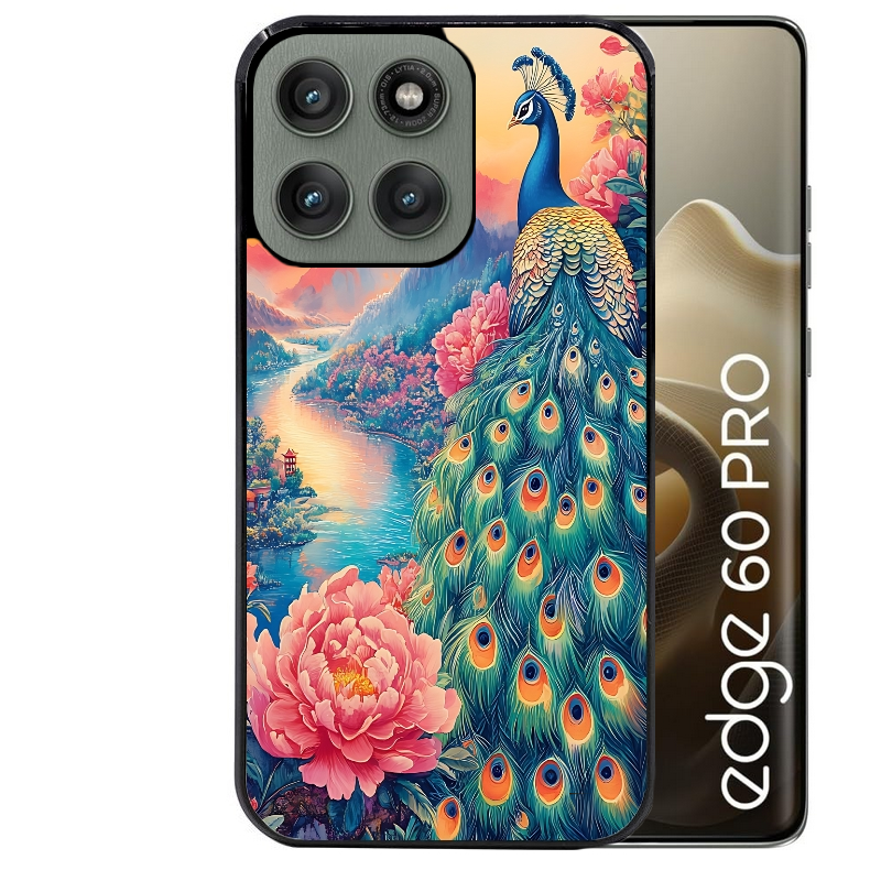 Coque noire taperso pour Moto Edge 60 et Neo Fusion Pro avec motif paon japan protection antichoc personnalisée