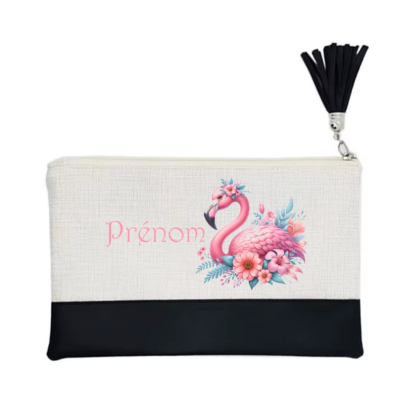 Pochette personnalisée motif flamant fleur en toile et simili cuir personnalisée