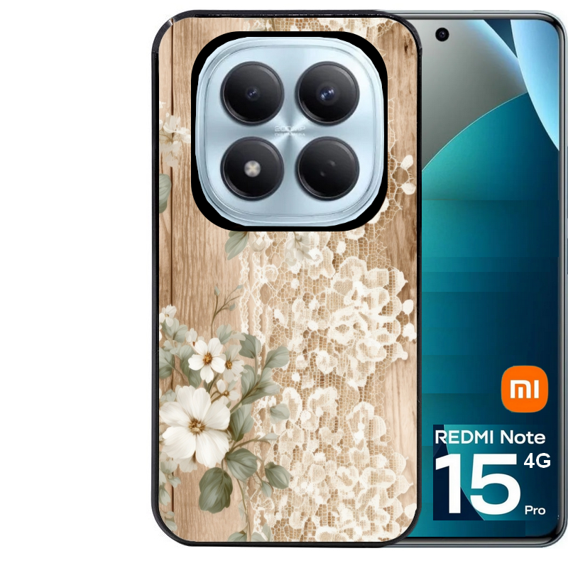 Coque noire taperso pour Redmi Note 15 et PRO PLUS 4G 5G avec motif bois et dentelle 1 protection antichoc personnalisée