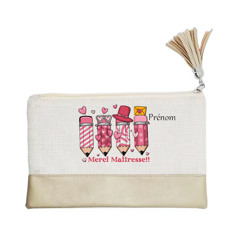 Pochette personnalisée motif maitresse merci cœur en toile et simili cuir personnalisée