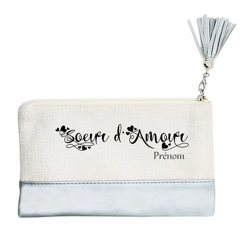 Pochette personnalisée motif soeur d'amour en toile et simili cuir personnalisée