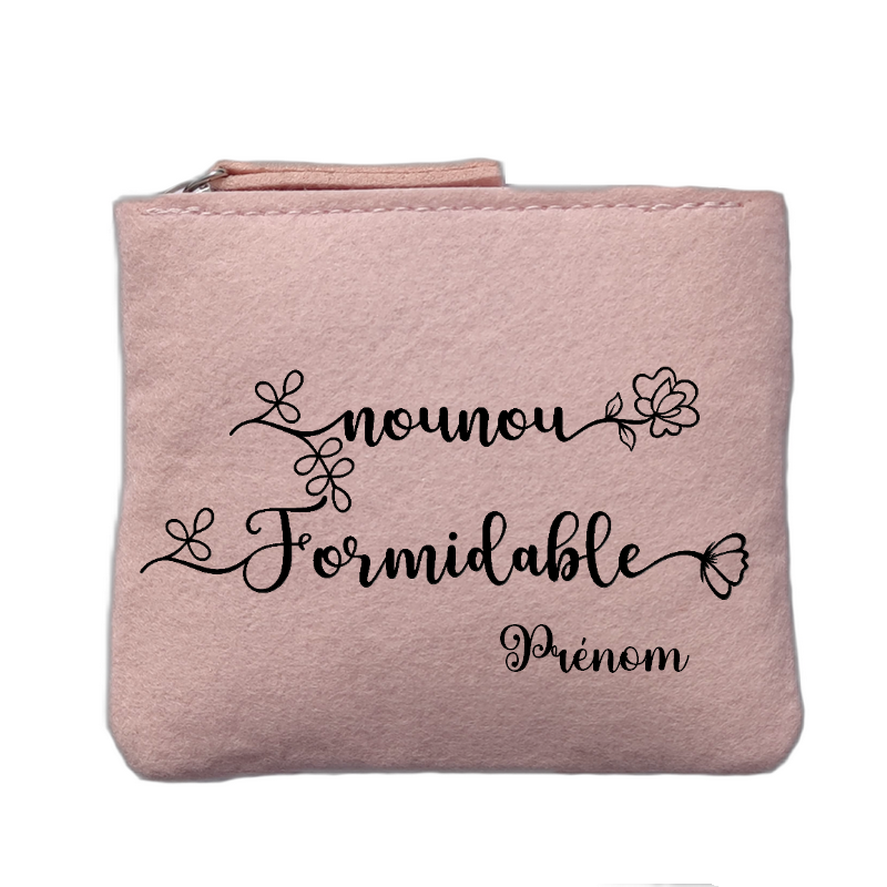 Porte monnaie personnalisé motif nounou formidable rose clair en feutrine en feutrine