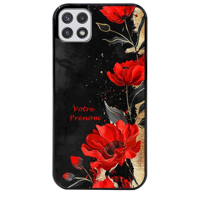 Coque noire taperso pour galaxy A22 A32 A52 A52S 4G 5G  avec motif fleur rouge avec prenom protection antichoc personnalisée