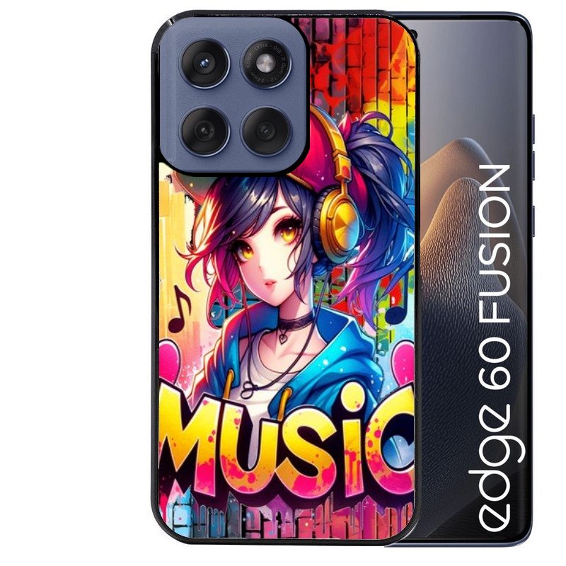 Coque noire taperso pour Moto Edge 60 et Neo Fusion Pro avec motif anime manga et music protection antichoc personnalisée