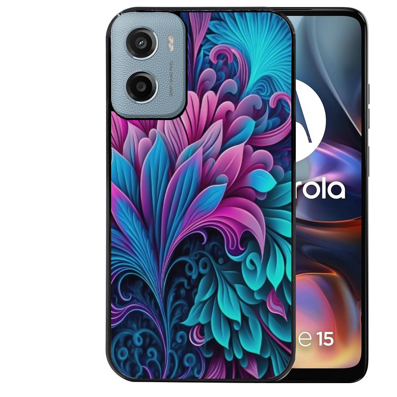 Coque noire taperso pour Moto E13 E14 E15 avec motif tropical violet et des fleurs protection antichoc personnalisée