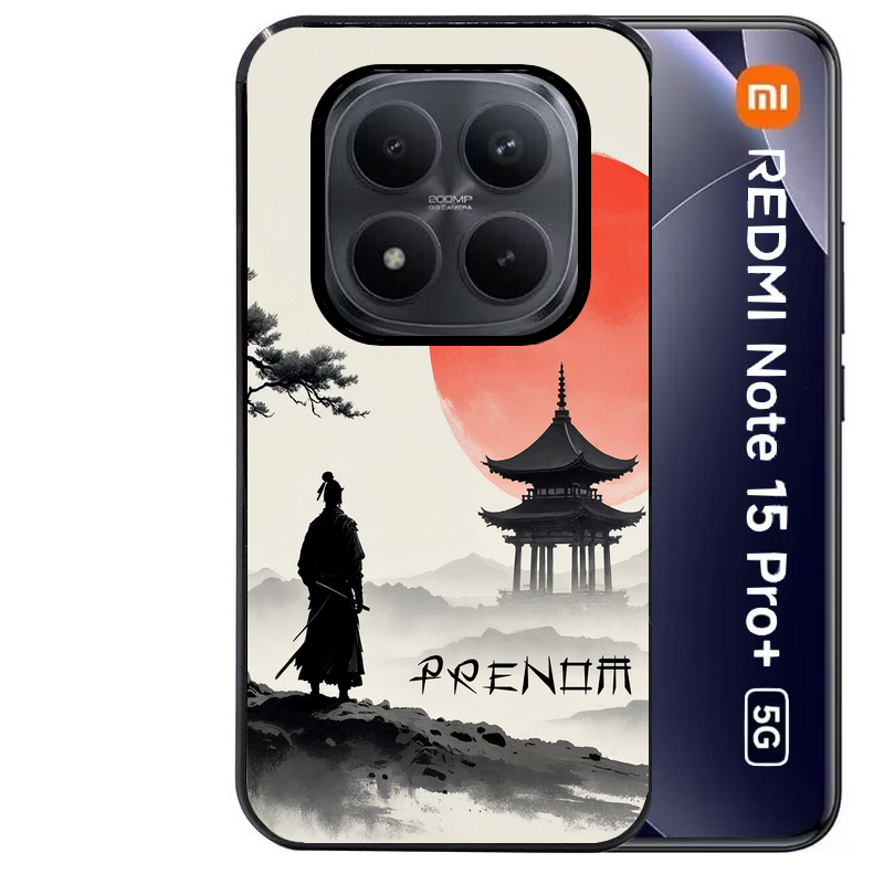 Coque noire taperso pour Redmi Note 15 et PRO PLUS 4G 5G avec motif samourai et temple personnalisee protection antichoc personnalisée