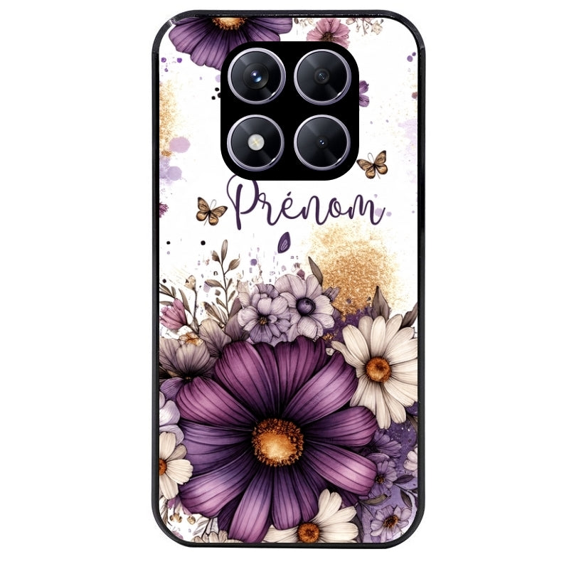 Coque noire taperso pour Redmi Note 14 et PRO PLUS 4G 5G avec motif fleur violette personnalisee protection antichoc personnalisée