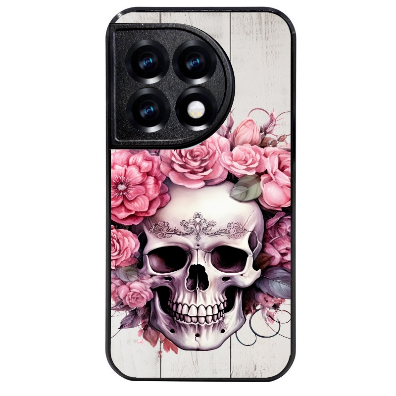 Coque noire taperso pour OnePlus 11 et 12 avec motif tete de mort floral protection antichoc personnalisée