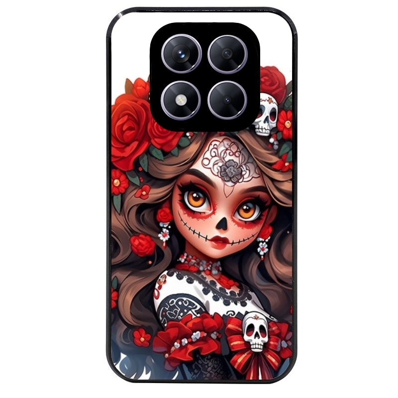 Coque noire taperso pour Redmi Note 14 et PRO PLUS 4G 5G avec motif tete de mort calavera rouge protection antichoc personnalisée