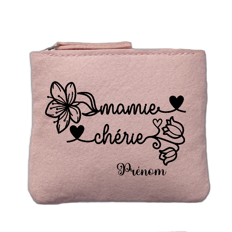 Porte monnaie personnalisé motif mamie cherie rose clair en feutrine en feutrine