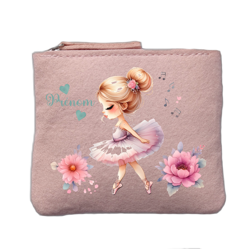 Porte monnaie personnalisé motif danseuse ballerine rose clair en feutrine en feutrine