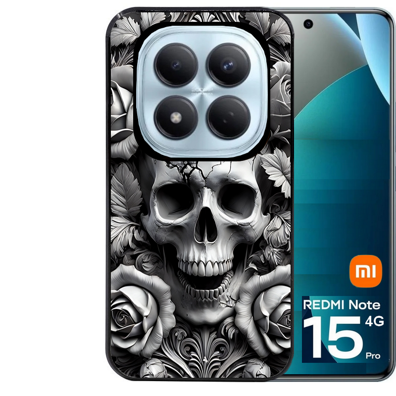 Coque noire taperso pour Redmi Note 15 et PRO PLUS 4G 5G avec motif tete de mort fleur protection antichoc personnalisée