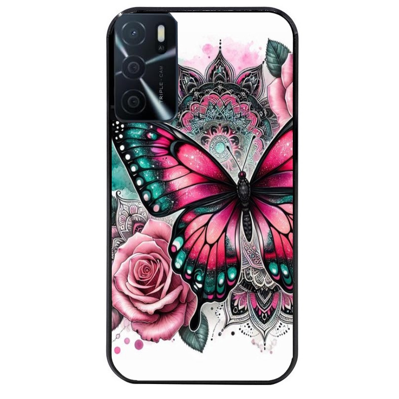 Coque noire taperso pour OPPO A16 et A16S avec motif papillon rose protection antichoc personnalisée