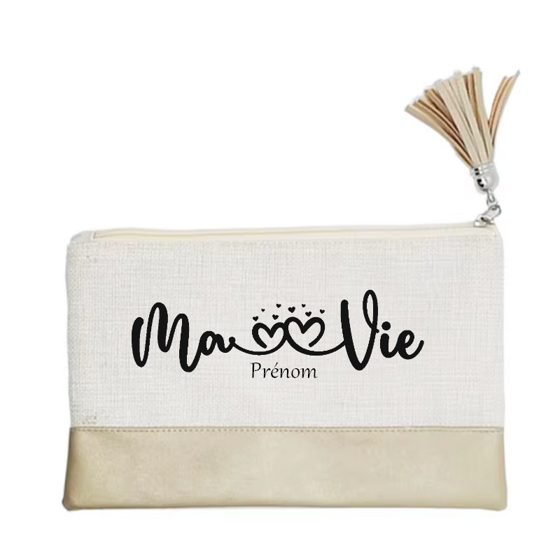 Pochette personnalisée motif ma vie en toile et simili cuir personnalisée